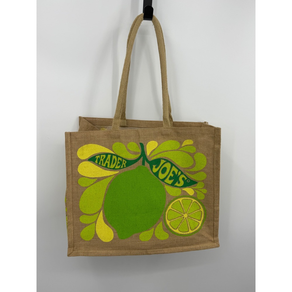 Trader Joe's Lemon Lime Jute Burlap Tote Bag Women OS Brown Green Reusable Bag